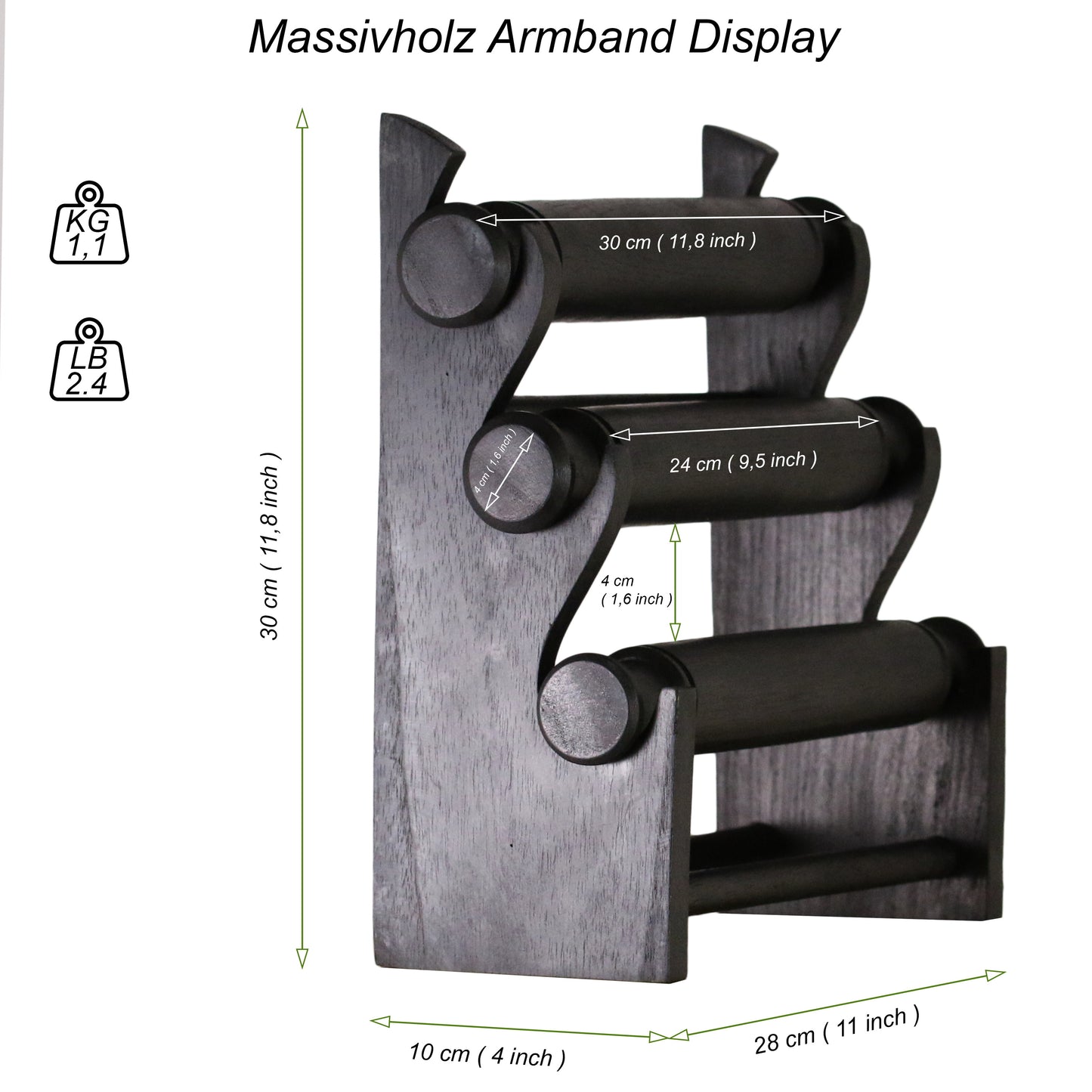 Handcrafted Wooden Bracelet Display Stand 30cm (11.8 inches) Black | 3-Tier Solid Wood Jewelry Organizer | Collapsible Retail Display Holder for Shop Window & Home
