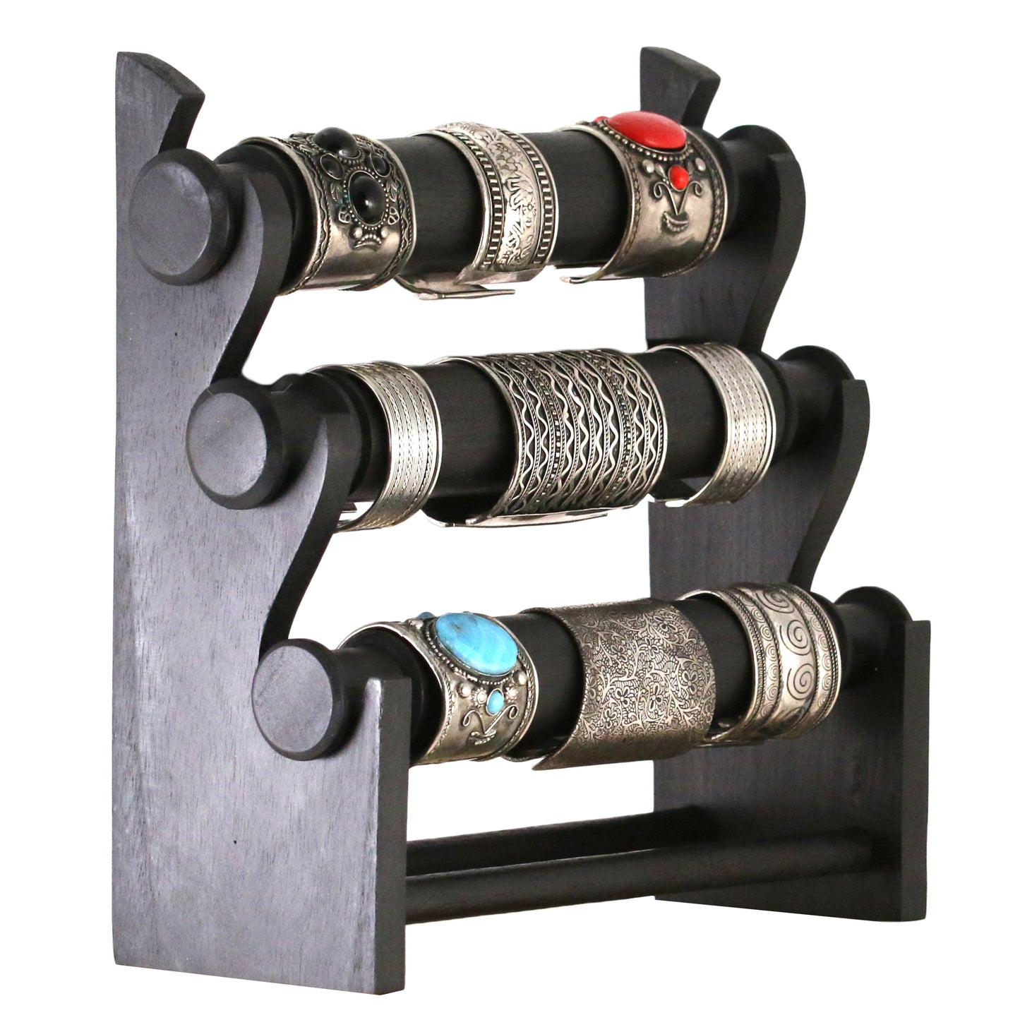 Handcrafted Wooden Bracelet Display Stand 30cm (11.8 inches) Black | 3-Tier Solid Wood Jewelry Organizer | Collapsible Retail Display Holder for Shop Window & Home