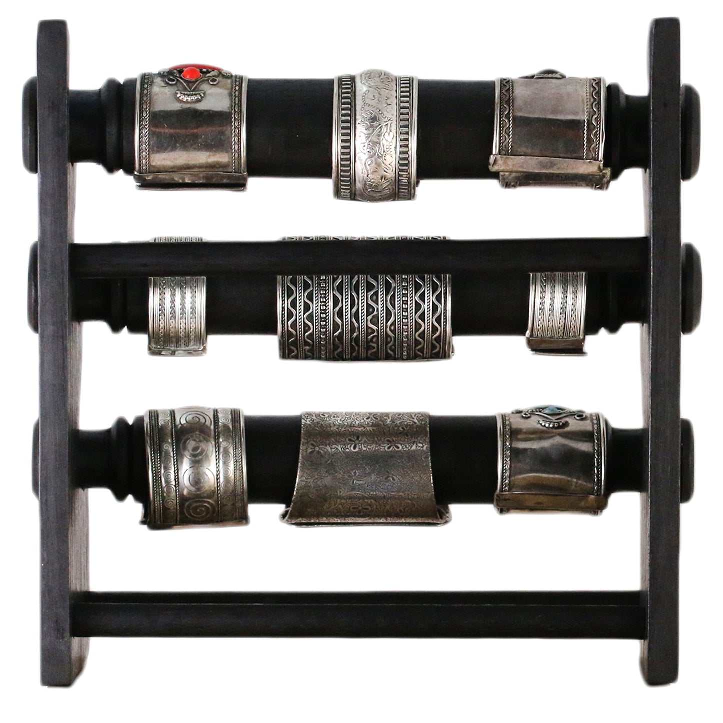 Handcrafted Wooden Bracelet Display Stand 30cm (11.8 inches) Black | 3-Tier Solid Wood Jewelry Organizer | Collapsible Retail Display Holder for Shop Window & Home
