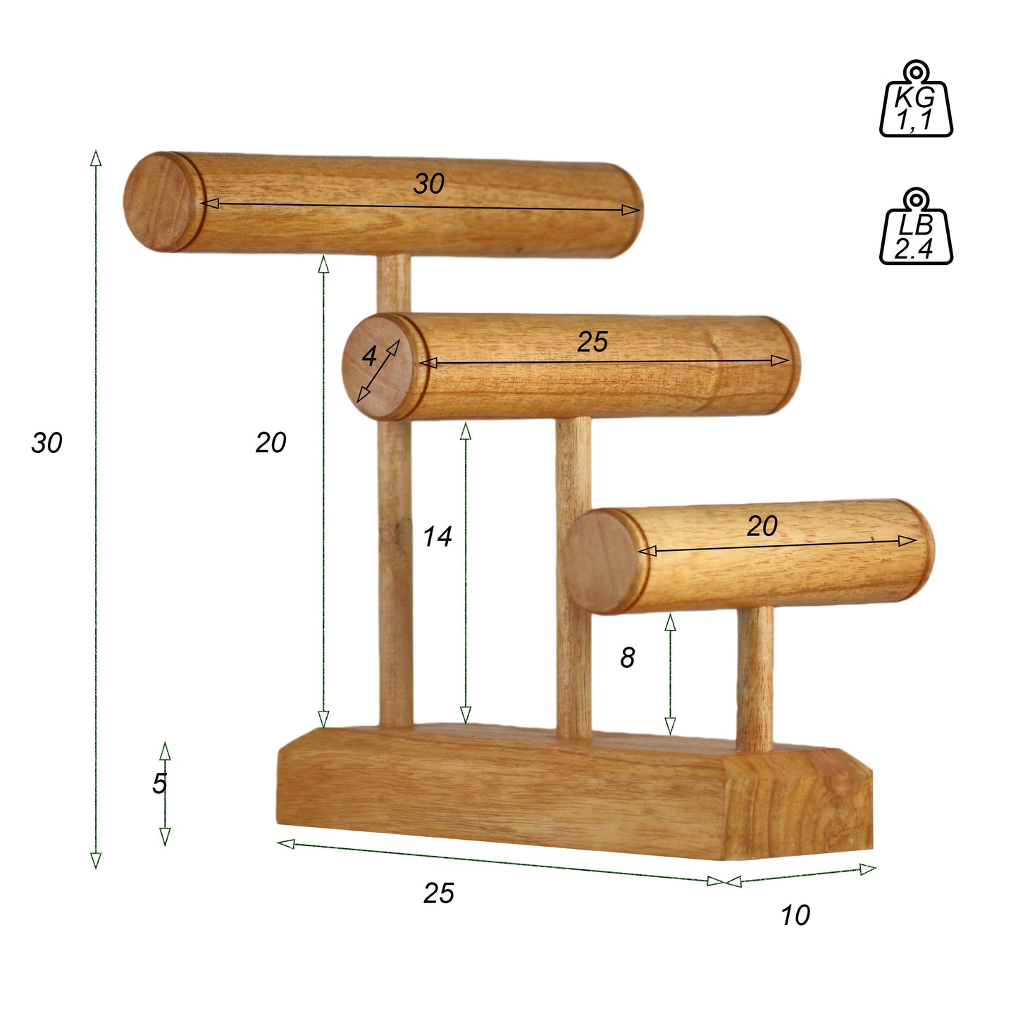 Handcrafted 3-Tier Wooden Bracelet Stand 30cm (11.8 inches) Natural | Solid Wood Jewelry Display for Bangles & Bracelets | Retail & Home Organizer