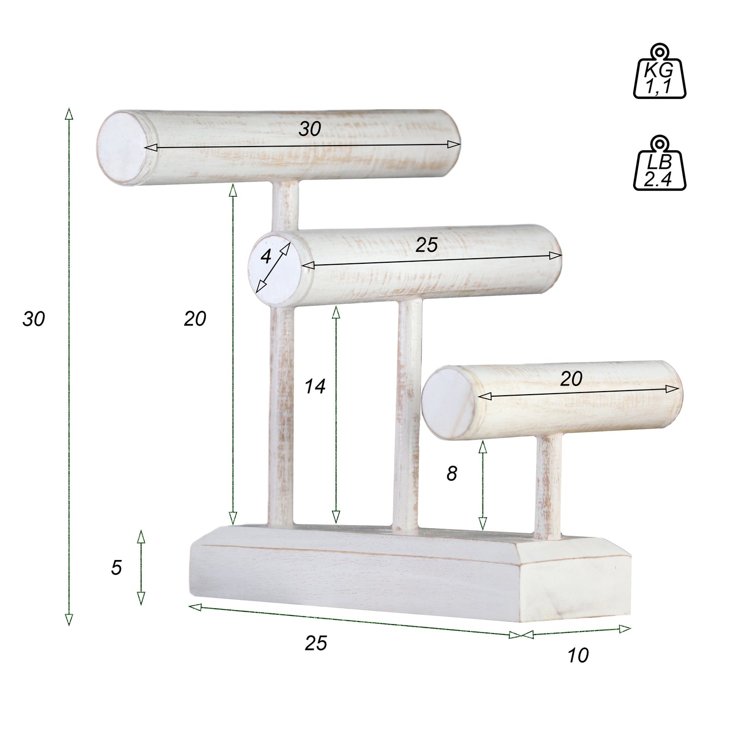 Handcrafted 3-Tier Wooden Bracelet Stand 30cm (11.8 inches) White | Solid Wood Jewelry Display for Bangles & Bracelets | Retail & Home Organizer