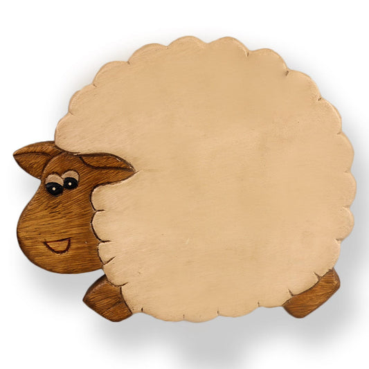 Children's stool wooden stool with animal motif sheep painted and carved height 25 cm