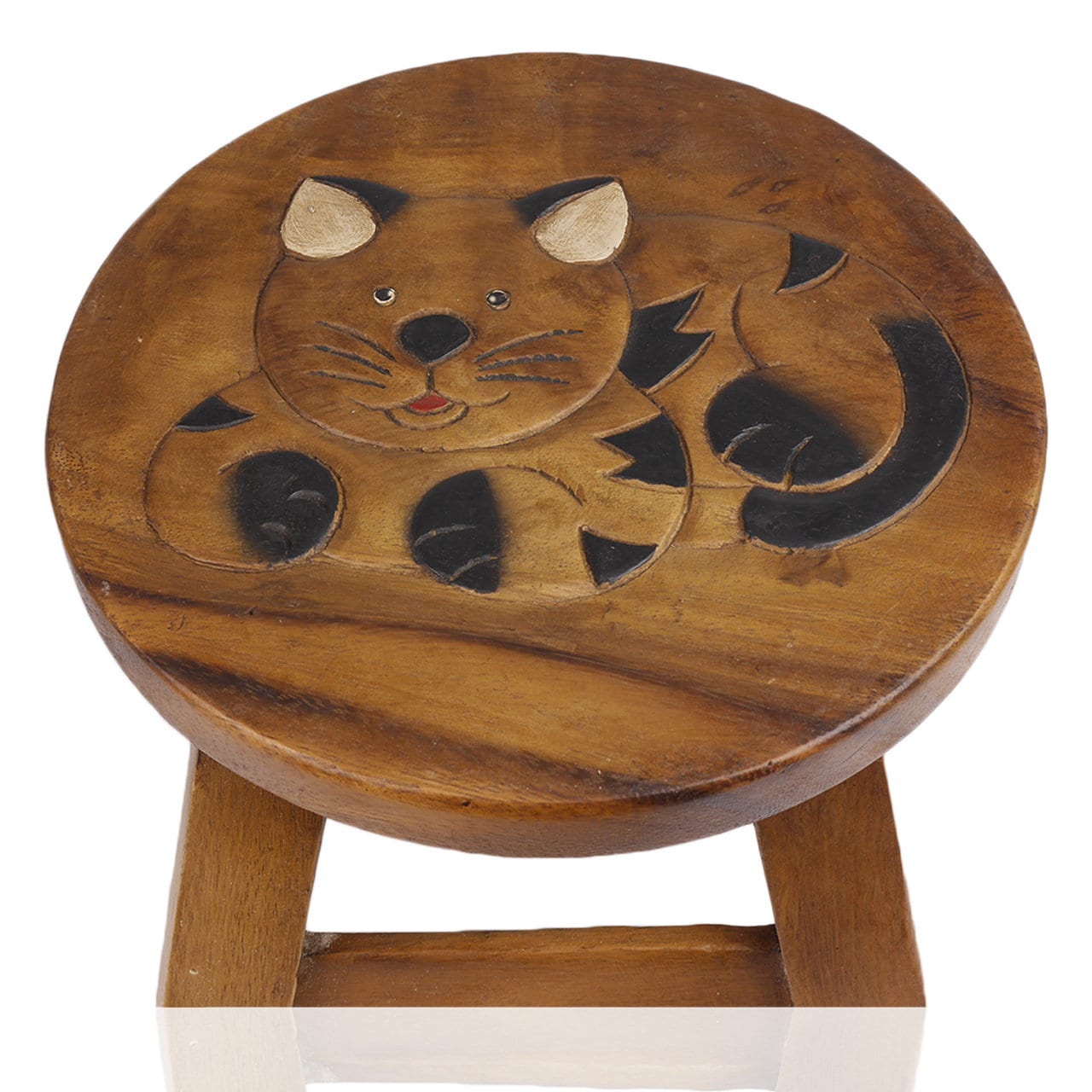 Children's stool wooden stool with animal motif cat lying down painted and carved height 25 cm