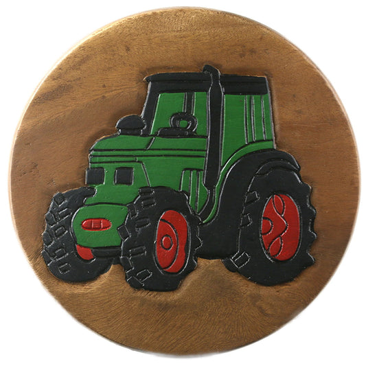 Children's stool wooden stool with tractor painted and carved height 25 cm
