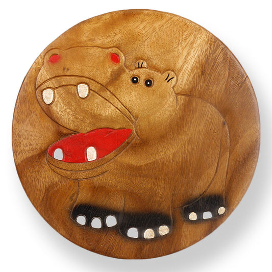 Children's stool wooden stool with animal motif hippopotamus painted and carved height 25 cm