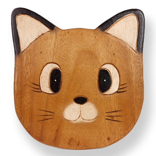 Children's stool wooden stool with animal motif cat head painted and carved height 25 cm