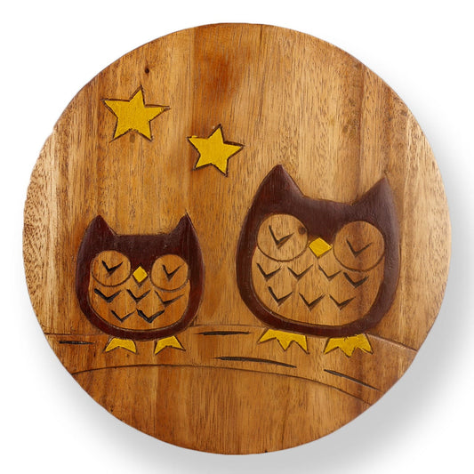 Children's stool wooden stool with animal motif owl with baby painted and carved height 25 cm