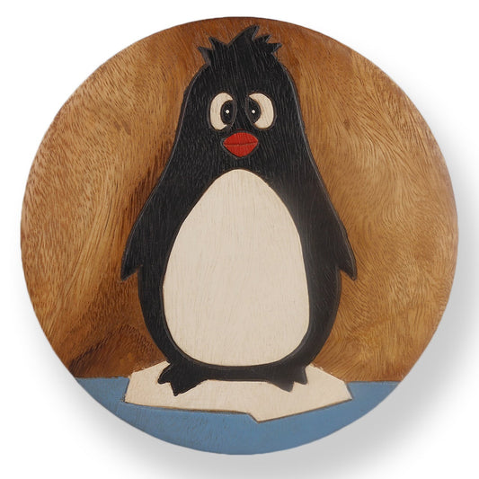 Children's stool wooden stool with animal motif penguin painted and carved height 25 cm