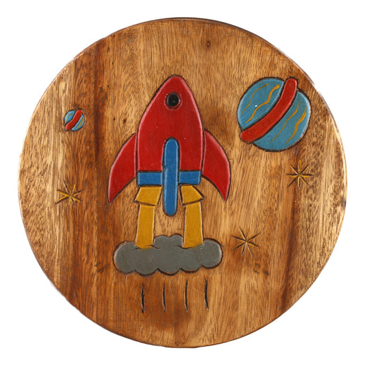 Children's wooden stool with rocket painted and carved height 25 cm