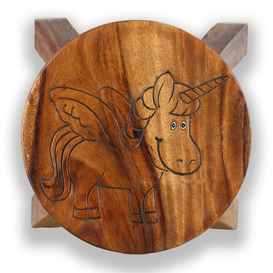 Children's stool wooden stool with animal motif unicorn carved height 25 cm