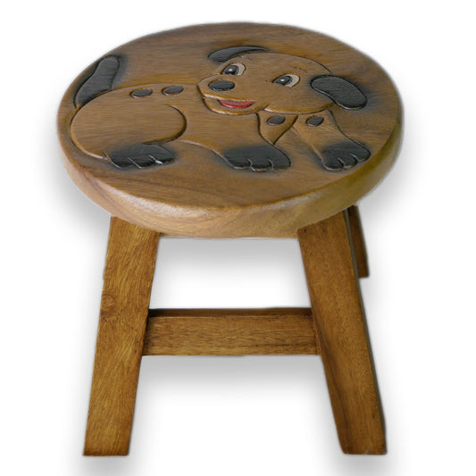 Children's stool wooden stool with animal motif dog painted and carved height 25 cm
