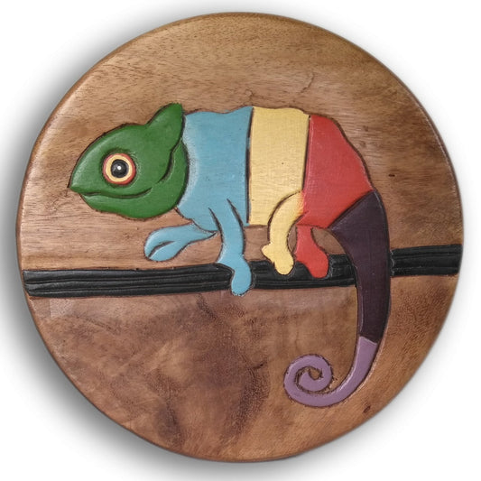 Children's stool wooden stool with animal motif Cameleon painted and carved height 25 cm
