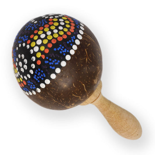 Rattle made of coconut, nut rattle with wooden handle