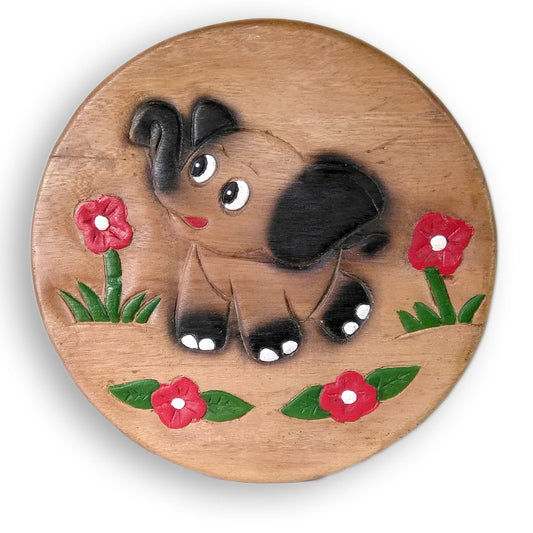 Children's stool wooden stool with animal motif elephant painted and carved with flowers height 25 cm