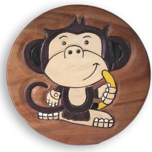 Children's stool wooden stool with animal motif monkey painted and carved height 25 cm
