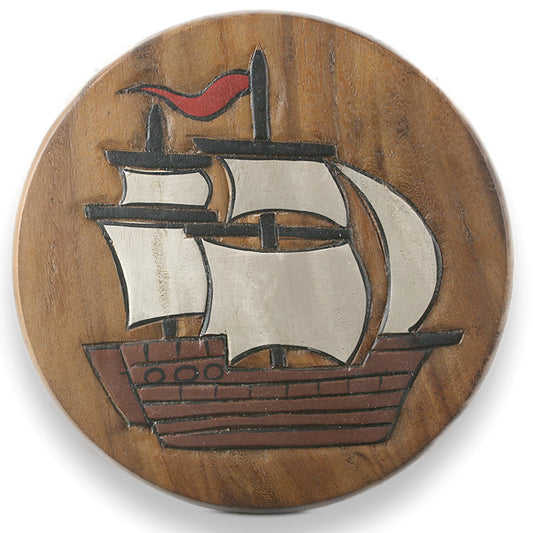 Children's stool wooden stool with sailing ship painted and carved height 25 cm