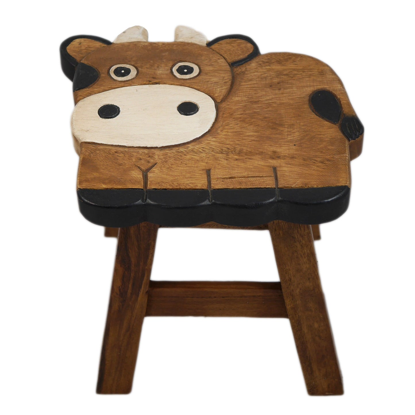 Children's stool wooden stool with animal motif bull and carved height 25 cm