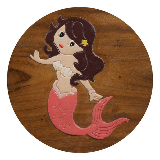 Children's stool wooden stool with mermaid painted and carved height 25 cm