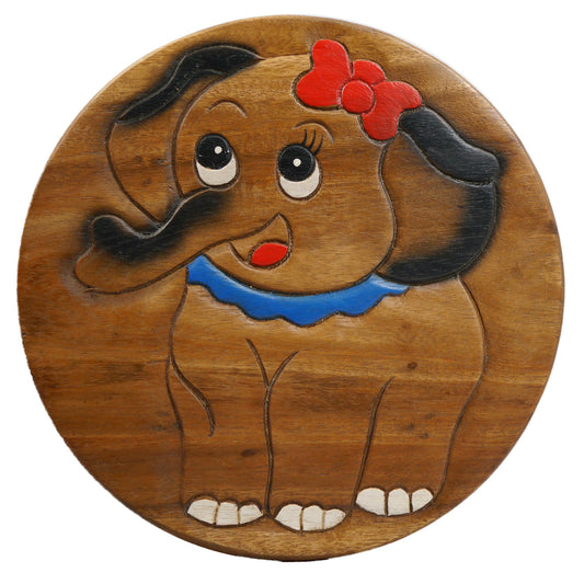 Children's stool wooden stool with animal motif elephant baby painted and carved height 25 cm