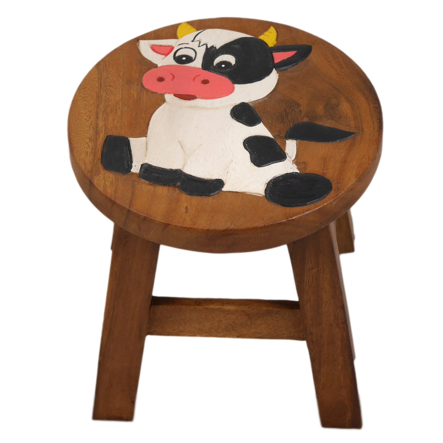 Children's stool wooden stool with animal motif colorful cow painted and carved height 25 cm