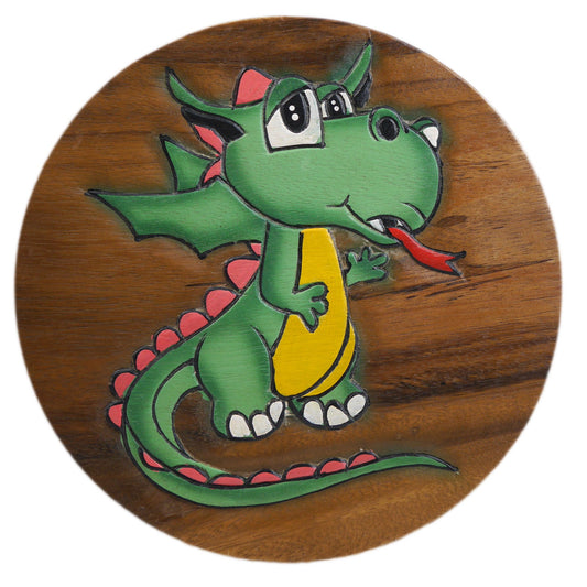 Children's stool wooden stool with animal motif dragon painted and carved height 25 cm
