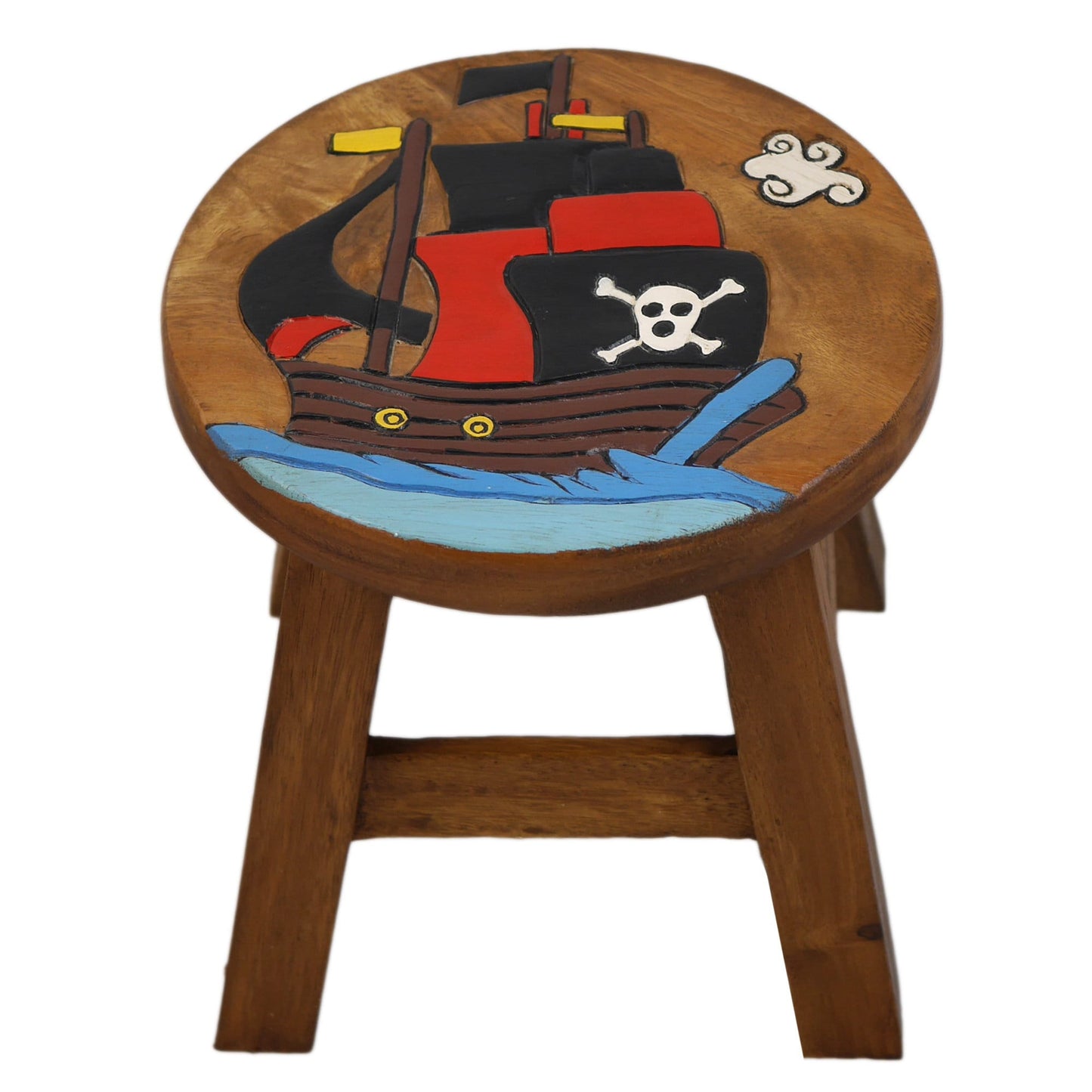 Children's stool wooden stool with pirate ship painted and carved height 25 cm