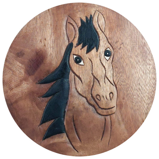 Children's stool wooden stool with horse animal motif painted and carved height 25 cm