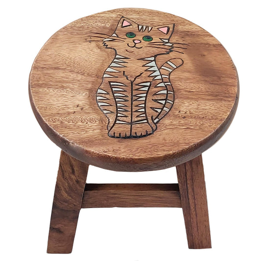 Children's stool wooden stool with cat striped animal motif painted and carved height 25 cm