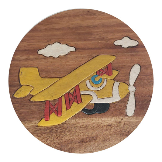 Children's wooden stool painted and carved with airplane height 25 cm