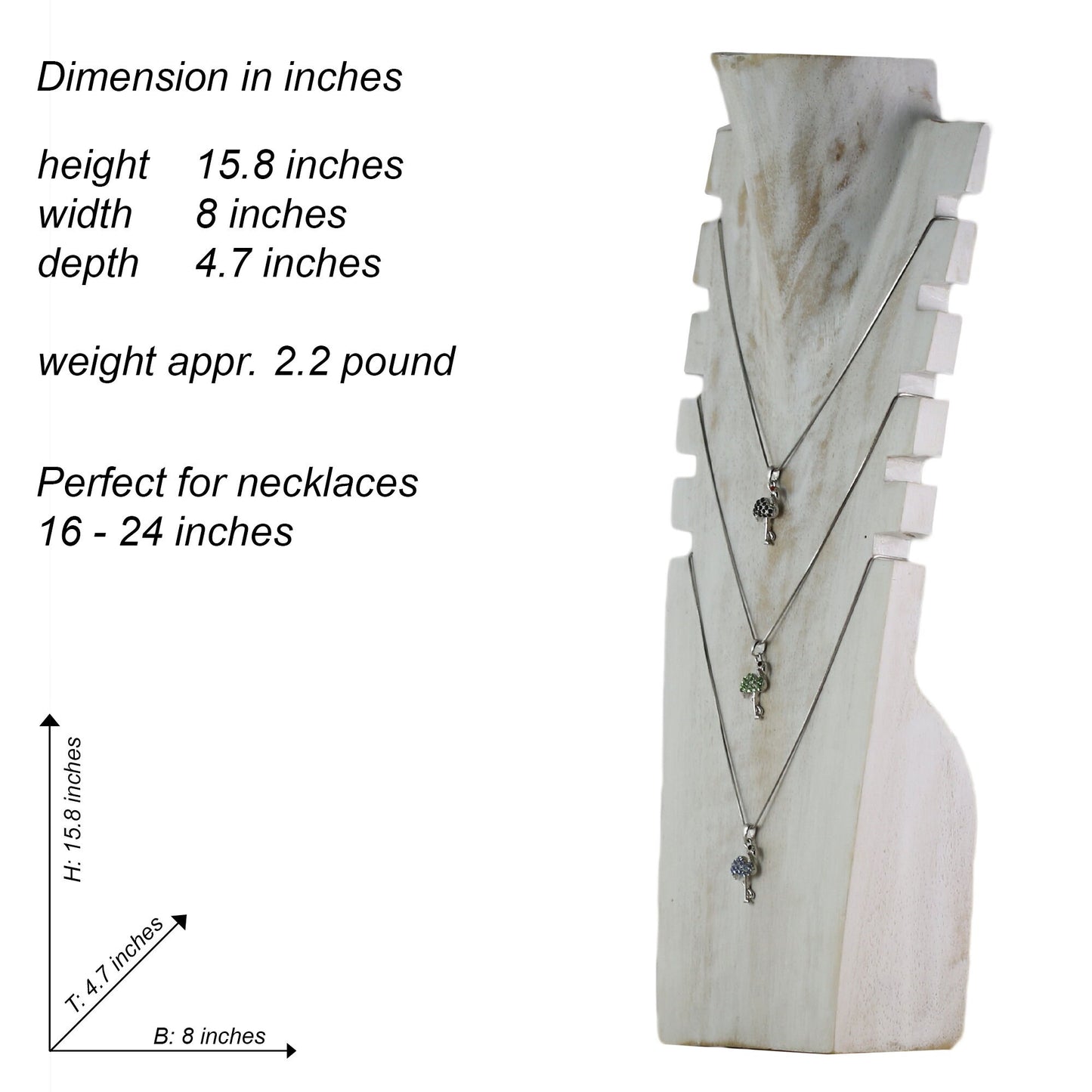 40 cm necklace stand jewelry stand chain display jewelry bust made of wood for several necklaces White wash