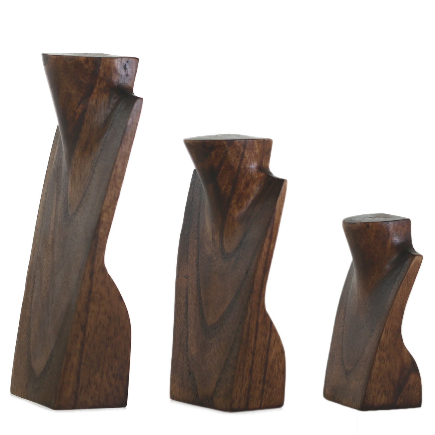 a group of three wooden vases sitting next to each other