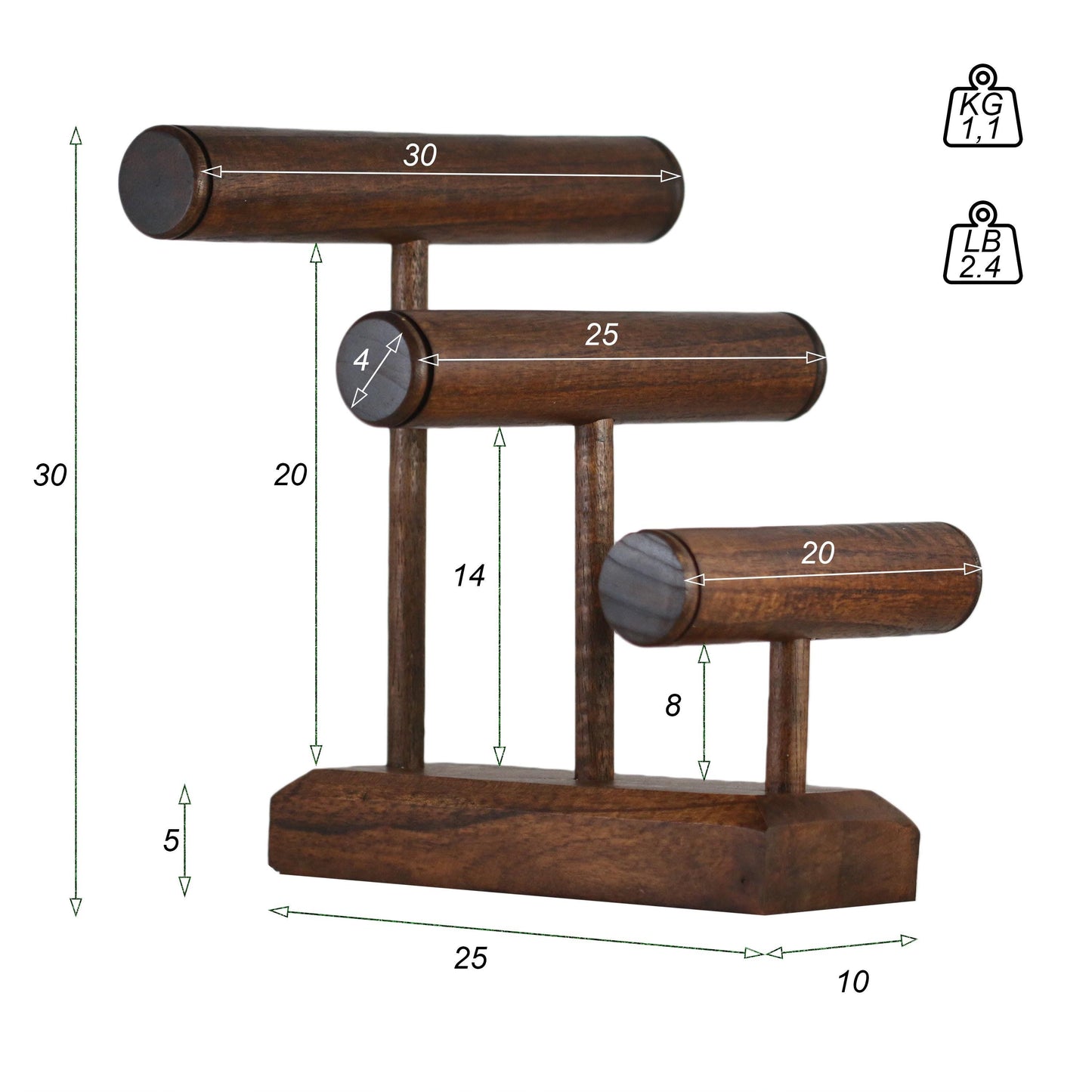 Handcrafted 3-Tier Wooden Bracelet Stand 30cm (11.8 inches) deep brown | Solid Wood Jewelry Display for Bangles & Bracelets | Retail & Home Organizer