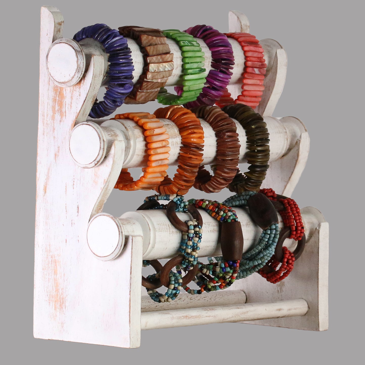 Handcrafted Wooden Bracelet Display Stand 30cm (11.8 inches) White | 3-Tier Solid Wood Jewelry Organizer | Collapsible Retail Display Holder for Shop Window & Home