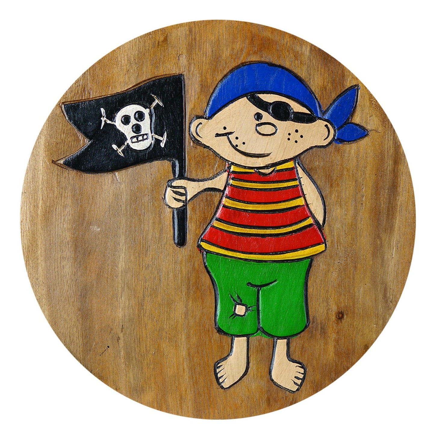 Children's stool wooden stool with pirate painted and carved height 25 cm