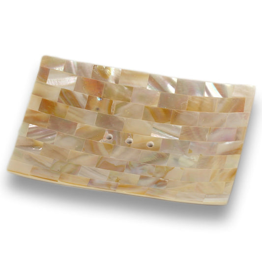 Soap dish made of mother of pearl shell patchwork square on feet mother of pearl 12 x 10 x 2 cm