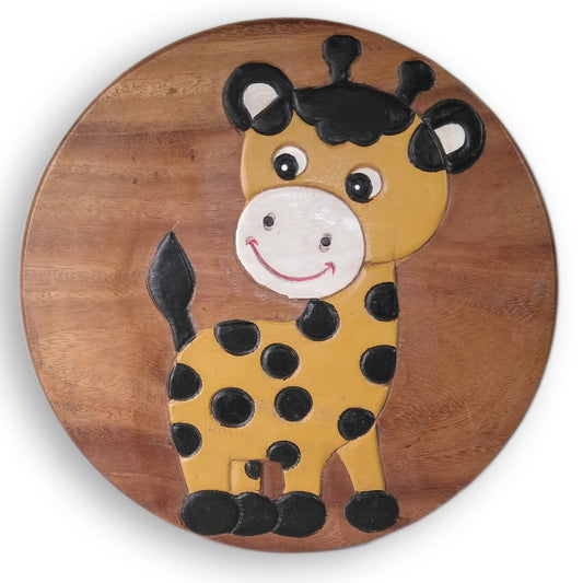 Children's stool wooden stool with animal motif giraffe painted and carved height 25 cm